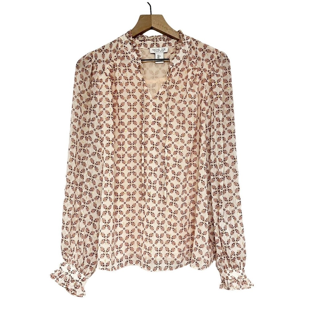 Rachel Zoe Womens Long Sleeve Blouse Size Large Cream Floral Blouson Sleeve